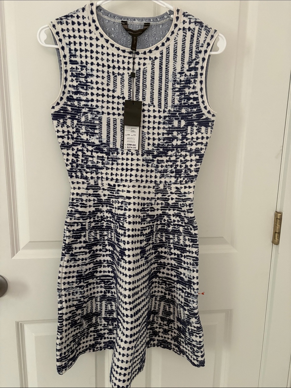 BCBGMaxAzria Navy and White Sleeveless Patterned Fit-and-Flare Dress